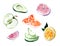 Watercolor drawing of fruits and vegetables. Avocado, tangerine, lemon, fig, apple sliced