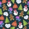Watercolor drawing gingerbread cookie seamless pattern on a blue-green background