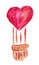 Watercolor drawing of the hot air balloon with crimson heart, isolated