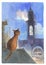 Watercolor drawing, illustration. A brown March cat sits on the roof in a moonlit night