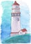 Watercolor drawing of a lighthouse. Lighthouse by the sea. Childrens illustrations. Print for wallpaper, fabric