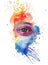 Watercolor drawing of a man`s head is dirty in paint, multi-colored face, portrait, opened eye, glare on iris of the eye, on holid