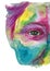 Watercolor drawing of a man`s head smeared in paint, multi-colored face, portrait, opened eye, glare on iris eyes, on holiday holi
