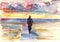 Watercolor drawing man walking to the sea