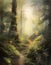 watercolor drawing mysterious forest, forest path and sunlight