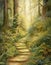 watercolor drawing mysterious forest, forest path and sunlight