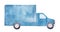 Watercolor drawing of navy blue delivery truck with black wheels and large blank body.