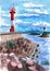 Watercolor drawing red lighthouse