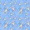 Watercolor drawing of a seamless pattern on a marine theme, cancer, lobster, river crayfish, with blue stripes, waves, sea, stripe