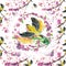 Watercolor drawing seamless pattern on the theme of spring, heat, illustration of a bird of a sparrow-like fleet of Orioles flying