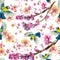 Watercolor drawing seamless pattern on the theme of spring, heat, illustration of a bird of a troop of passerine-shaped large tits