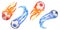 Watercolor drawing set of flying football balls blue and orange with stars and pentagons with fiery flame tails