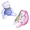 Watercolor drawing set of plush toys, Teddy bear and Bunny, pink Bunny with pattern and lilac Teddy bear in clothes in animation s