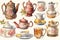 Watercolor drawing, set of teapots and cups, cute vintage teapots and mugs, tea. Generative AI