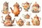 Watercolor drawing, set of teapots and cups, cute vintage teapots and mugs, tea. Generative AI