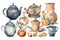 Watercolor drawing, set of teapots and cups, cute vintage teapots and mugs, tea. Generative AI
