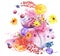 Watercolor drawing. Spilled wine, a fallen glass, a wine glass. Splash paint, a spilled drink, a spray.Calendula flower, currant b