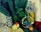 Watercolor drawing of still-life with glass bottles olive oil, apples and green drapery