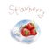 Watercolor drawing of strawberry on a blue saucer