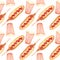 Watercolor drawing striped glass with sausage in the dough on a white background. Seamless pattern