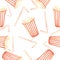 Watercolor drawing of a striped glass with a straw on a white background. Seamless pattern