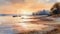 watercolor drawing wallpaper of a landscape the serene shoreline with delicate waves gently sunset over
