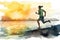 watercolor drawing, woman jogging along sea, AI generated