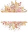 Watercolor dried tropical leaves, grass and exotic flowers in the frame. Beige template for text.