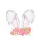 Watercolor Easter Bunny ears with pink floral crown isolated illustration on white background. Hand painted cartoon