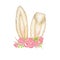 Watercolor Easter Bunny ears with pink floral crown isolated illustration on white background. Hand painted cartoon