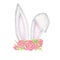 Watercolor Easter Bunny ears with pink floral crown isolated illustration on white background. Hand painted cartoon