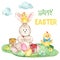 Watercolor Easter card with cute rabbit, eggs and chickens