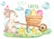 Watercolor Easter card with cute rabbit, wheelbarrow, eggs, chickens