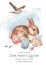 Watercolor easter card easter brunch and egg hunt with cute bunny, eggs, lark, flower. Happy easter greeting card