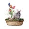 Watercolor Easter card with a rabbit and tulips. Hand painted rabbit, basket, eggs, grass and leaves isolated on a white