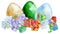 Watercolor Easter colored eggs with freesia and grass