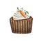 Watercolor Easter cupcake decorated with cream and sweet carrot