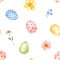 Watercolor Easter eggs seamless pattern on pastel pink background. Colored egg and pretty spring flowers painting