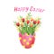 Watercolor Easter greeting card with bouquet of flowers in a pink cracked egg.