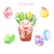 Watercolor Easter hunt poster with adorable curious bunny flower pot and colored eggs, isolated