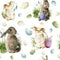 Watercolor easter pattern with rabbit. Holiday ornament with bunny, colored eggs and snowdrops isolated on white