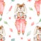 Watercolor Easter seamless pattern with cute bunny with flowers.