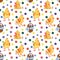 Watercolor Easter seamless pattern with cute little chickens, wicker baskets full of colorful eggs and multicolor polka dots.