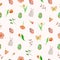 Watercolor Easter seamless pattern with eggs, rabbits, spring flowers on pastel background. Vector EPS.