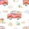 Watercolor easter seamless pattern with lorry and rabbit.