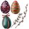 Watercolor Easter set with eggs and willow branch. Hand painted willow and bright eggs with decor. Holiday