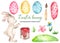 Watercolor Easter set with rabbit, eggs, paint, brush
