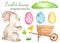 Watercolor Easter set with rabbit, eggs, wheelbarrow, meadow