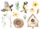 Watercolor easter set with titmouse, nest, yellow flowers, daisies, birdhouse, spring greenery, leaves, spikelet