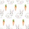 Watercolor easter white bunny and carrot seamless pattern, hand drawn cute rabbit and garden vegetable repeat paper, baby animal p